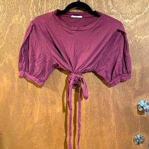 Burgundy Cropped Top with Wrapped Tie and Puffed Sleeves
